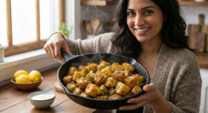 Woman holding a skillet of golden Sesame Yogurt Potatoes (Ekadasee Til Aloo Bhaji) garnished with sesame seeds and fresh coriander.