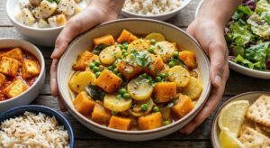 Bowl of Mooli Kaddu Foogath featuring sliced white radishes, golden pumpkin cubes, and green peas simmered in spices and garnished with fresh cilantro.
