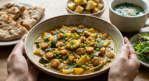 Succulent mixed vegetables with crunchy fried badis, a traditional Indian Sabji Badi Tarkari dish garnished with fresh coriander.
