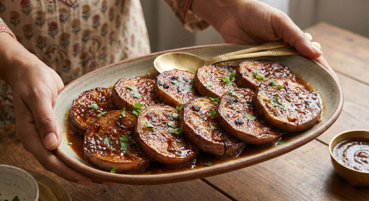 Sweet 'n' Sour Eggplant (Khatte Baigan Bhaji) slices fried and coated in a spicy glaze on a serving platter.