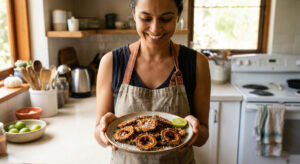 Smiling woman holding a ceramic plate filled with crispy fried Bitter Melon Chips topped with grated coconut and spices in a bright kitchen.