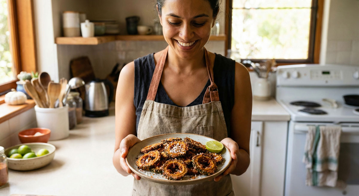Smiling woman holding a ceramic plate filled with crispy fried Bitter Melon Chips topped with grated coconut and spices in a bright kitchen.