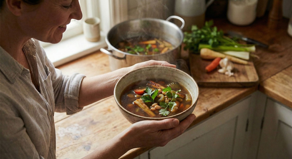A woman in a rustic kitchen smiles while holding a steaming ceramic bowl filled with brown vegetable stock soup, featuring root vegetables, white beans, and fresh parsley.
