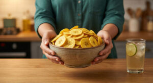 A close-up photograph of a woman's hands holding a ceramic bowl overflowing with homemade, golden-yellow Crispy Plantain Wafers (Sada Kacha Kela Bhaj), presented on a wooden kitchen counter next to a glass of lime ginger ale.