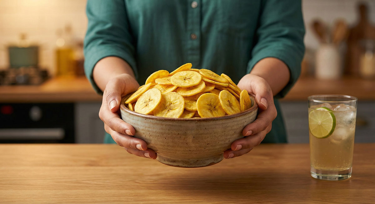 A close-up photograph of a woman's hands holding a ceramic bowl overflowing with homemade, golden-yellow Crispy Plantain Wafers (Sada Kacha Kela Bhaj), presented on a wooden kitchen counter next to a glass of lime ginger ale.