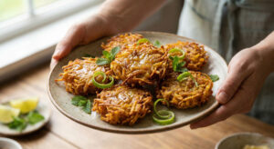 A close-up photograph of hands holding a ceramic plate piled high with crispy, golden-brown Deep-Fried Shredded Plantain Clusters garnished with fresh lime twists and mint leaves.