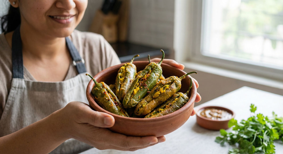 Woman holding a rustic bowl filled with crispy Hari Mirch Bhaji (Deep-Fried Stuffed Green Chilies).