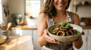 Woman holding a bowl of crispy Fried Bitter Melon with Ground Almonds (Bhona Karela Bhaji), a Bengali dish with reduced bitterness, garnished with fresh cilantro in a bright kitchen.
