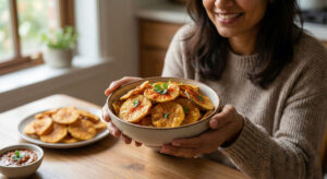 A woman smiling and holding a bowl of crispy Kaddu Bhaji (pumpkin wafers) garnished with cilantro and red chili powder in a kitchen.