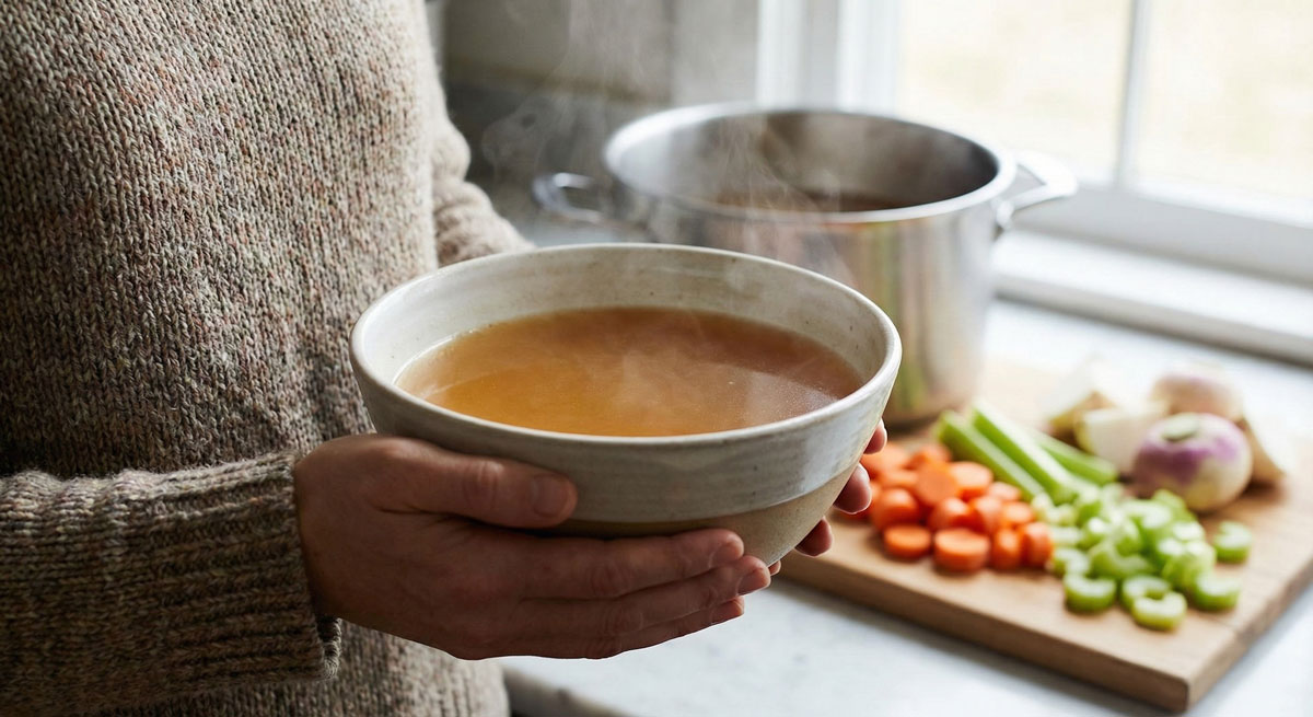 A woman in a cozy sweater holding a steaming ceramic bowl filled with homemade Root Vegetable Stock, with a stockpot and chopped carrots, celery, and turnips on a cutting board in the background.