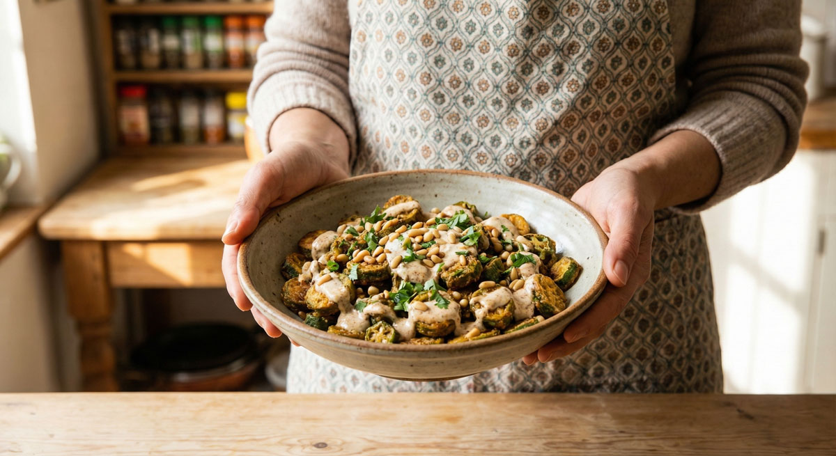 Sliced-Okra-in-Seasoned-Yogurt-BHINDI-BHAJI Woman's hands holding a bowl of Bhindi Bhaji, a crispy sliced okra with seasoned yogurt recipe, garnished with pine nuts and fresh coriander in a sunlit kitchen.