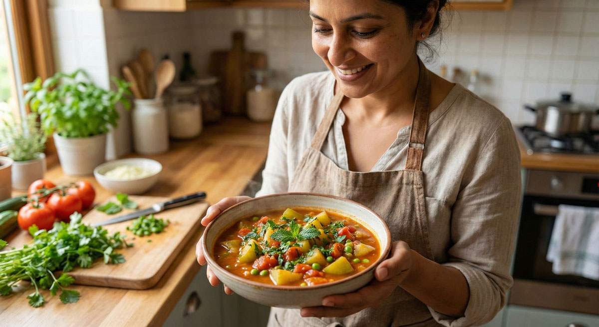 A smiling woman in a rustic kitchen holding a warm bowl of Louki Hari Matar Shorba, a traditional Indian curry made with bottle gourd and green peas in a rich tomato broth.