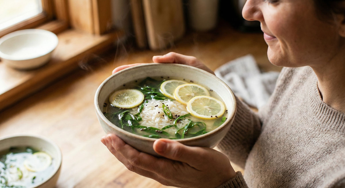 A woman holding a warm, steaming bowl of Clear Soup with Spinach and Rice (Palak Chaval Shorba) topped with fresh lemon slices and green spinach ribbons.