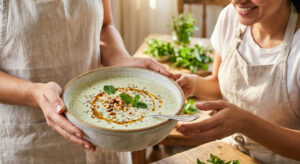 Two women in linen aprons happily holding a rustic bowl filled with refreshing Cold Minty Yogurt Soup (Podina Dahi Shorba), garnished with toasted hazelnuts, fresh mint sprigs, cumin, and a drizzle of oil.
