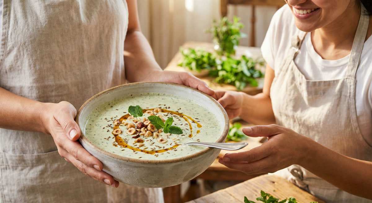 Two women in linen aprons happily holding a rustic bowl filled with refreshing Cold Minty Yogurt Soup (Podina Dahi Shorba), garnished with toasted hazelnuts, fresh mint sprigs, cumin, and a drizzle of oil.