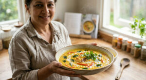 A comforting, realistic photograph of a smiling woman presenting a vibrant ceramic bowl of steaming Gujarati Makkai Shorba (corn and pepper soup).