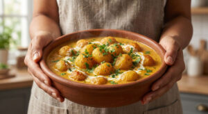 Woman holding a rustic clay bowl of Aloo Dum, featuring golden deep-fried baby potatoes in a creamy seasoned yogurt broth garnished with fresh coriander.