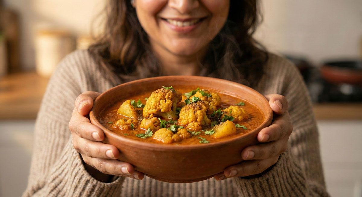 A person holding a clay bowl filled with steaming Gobhi Aloo Dum, showing golden-fried cauliflower florets and potatoes in a rich, spiced tomato broth garnished with fresh cilantro.