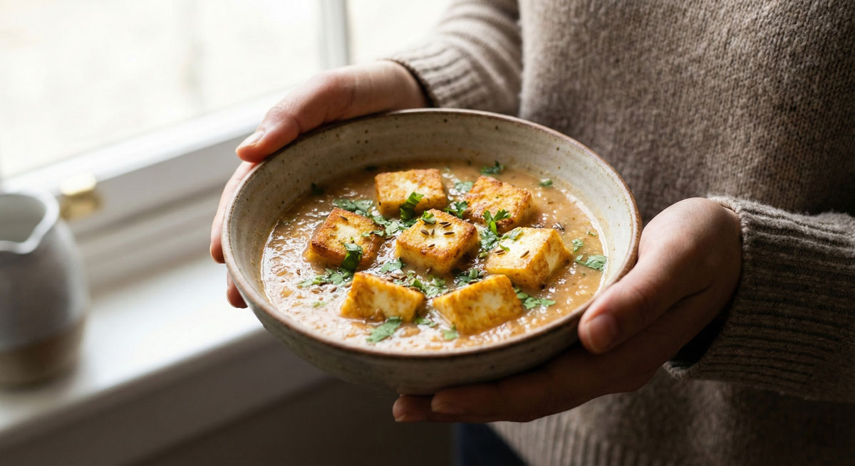 A close-up photograph of a bowl of Panir Maharani soup with fried panir cheese cubes, seasoned tomato stock, fresh cilantro, and cumin seeds, held in the hands of a person wearing a sweater.
