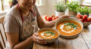 Woman holding a rustic bowl of creamy Tamatar Shorba (Garden Tomato Soup) garnished with a swirl of cream, herb butter, and fresh cilantro.