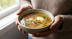 A woman holding a warm ceramic bowl of Gold Broth with Julienne Cucumbers KHEERASHORBA, featuring vibrant vegetable strips, fresh dill, and a dollop of sour cream.