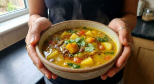 Close-up of a woman holding a warm bowl of Mustard-Flavored Mixed Vegetable Soup LAPHRA VYANJANA garnished with fresh coriander.