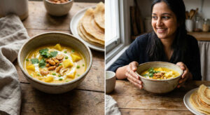 Smiling woman holding a rustic bowl of Ananas Hari Matar Shorba, featuring chunks of pineapple and green peas in a golden almond saffron broth garnished with fried cashews.