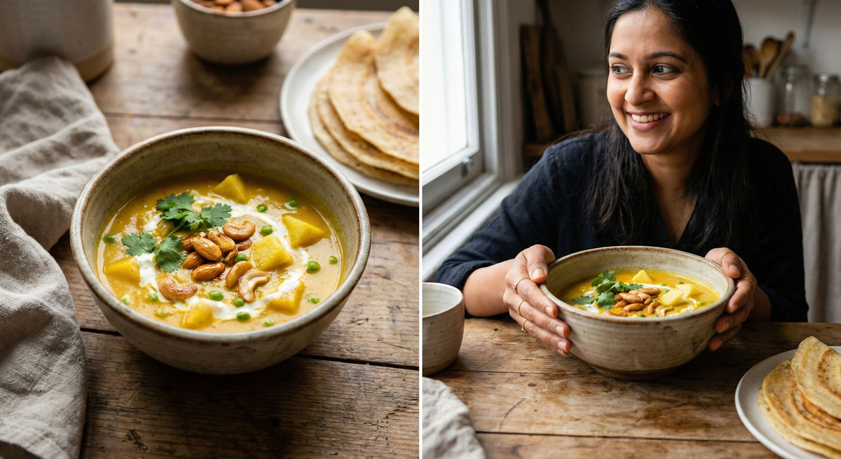 Smiling woman holding a rustic bowl of Ananas Hari Matar Shorba, featuring chunks of pineapple and green peas in a golden almond saffron broth garnished with fried cashews.