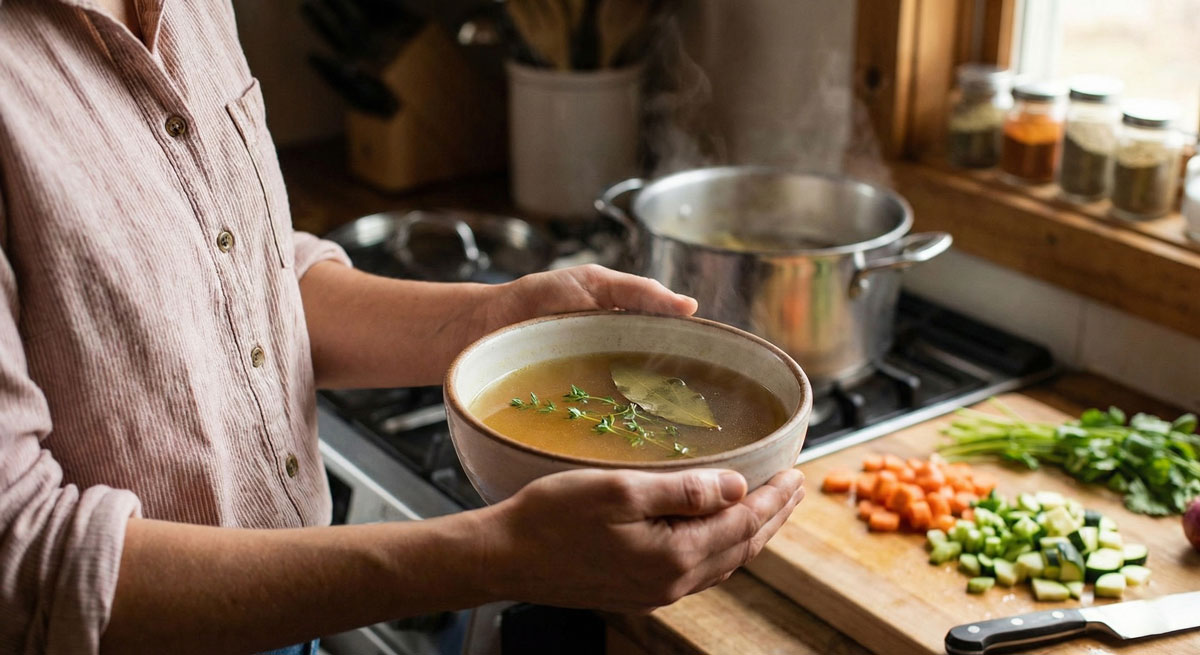 A woman holding a ceramic bowl of steaming Seasoned Vegetable Stocks AKHNIR JHOL, showcasing a clear golden root vegetable broth with bay leaves in a rustic kitchen setting.