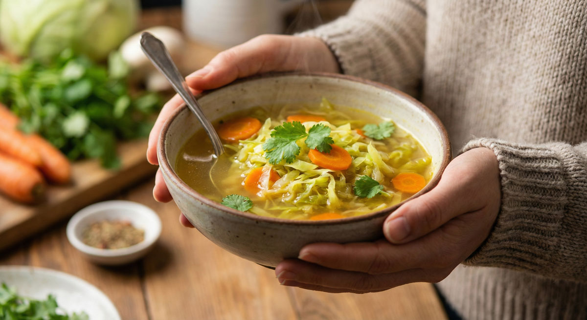 A woman holding a steaming bowl of Sweet 'n' Sour Broth with Cabbage and Carrots (Bandhgobhi Gajar Shorba) garnished with fresh coriander in a cozy kitchen setting.