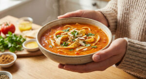 A woman holding a steaming, rustic ceramic bowl of Tomato Broth with Spicy Paparh Noodles Paparh Shorba, garnished with sliced almonds and fresh coriander.