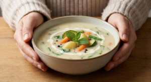 A close-up view of hands comforting holding a ceramic bowl filled with creamy Vegetable Chowder Sabji Doodh Shorba, garnished with fresh mint, cream swirl, and tender summer vegetables like carrots and potatoes.