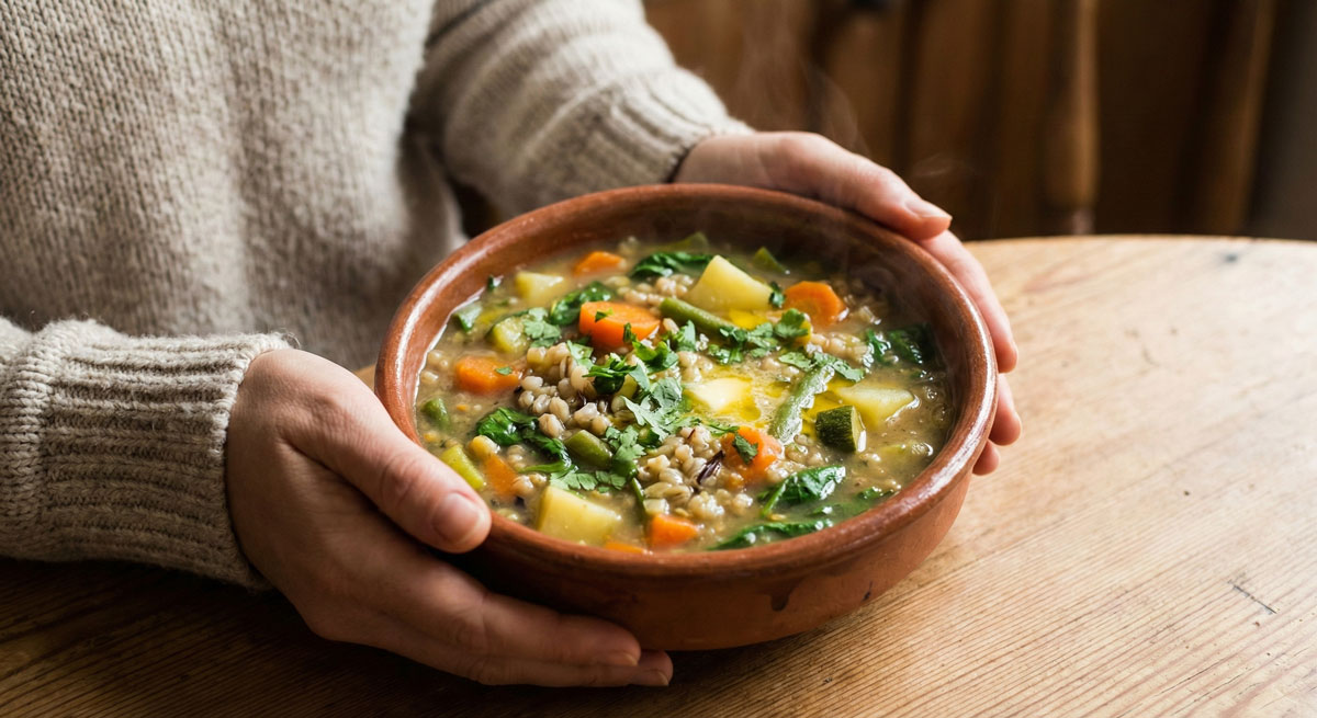 Woman holding a warm, rustic bowl of Sabji Shorba whole grain vegetable soup, featuring visible chunks of carrots, spinach, green beans, and mixed grains like barley and wild rice.