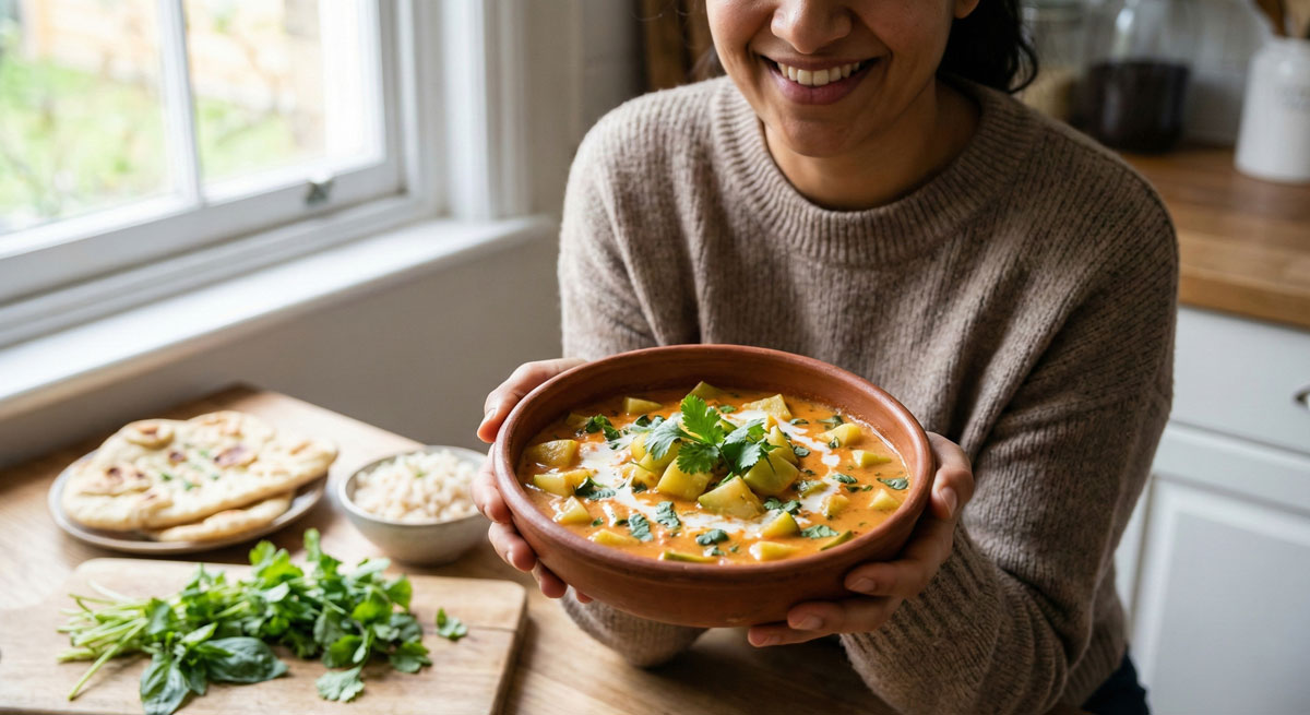 A woman holding a warm ceramic bowl of Louki Shorba (Zucchini Cubes in Light Tomato Broth) garnished with fresh coriander and basil, served in a bright, cozy kitchen.