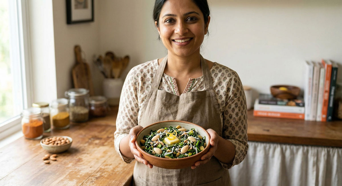 A smiling woman in an apron holding a ceramic bowl of Bengali Spinach Badaam Sak, garnished with whole almonds and butter, in a rustic kitchen setting.