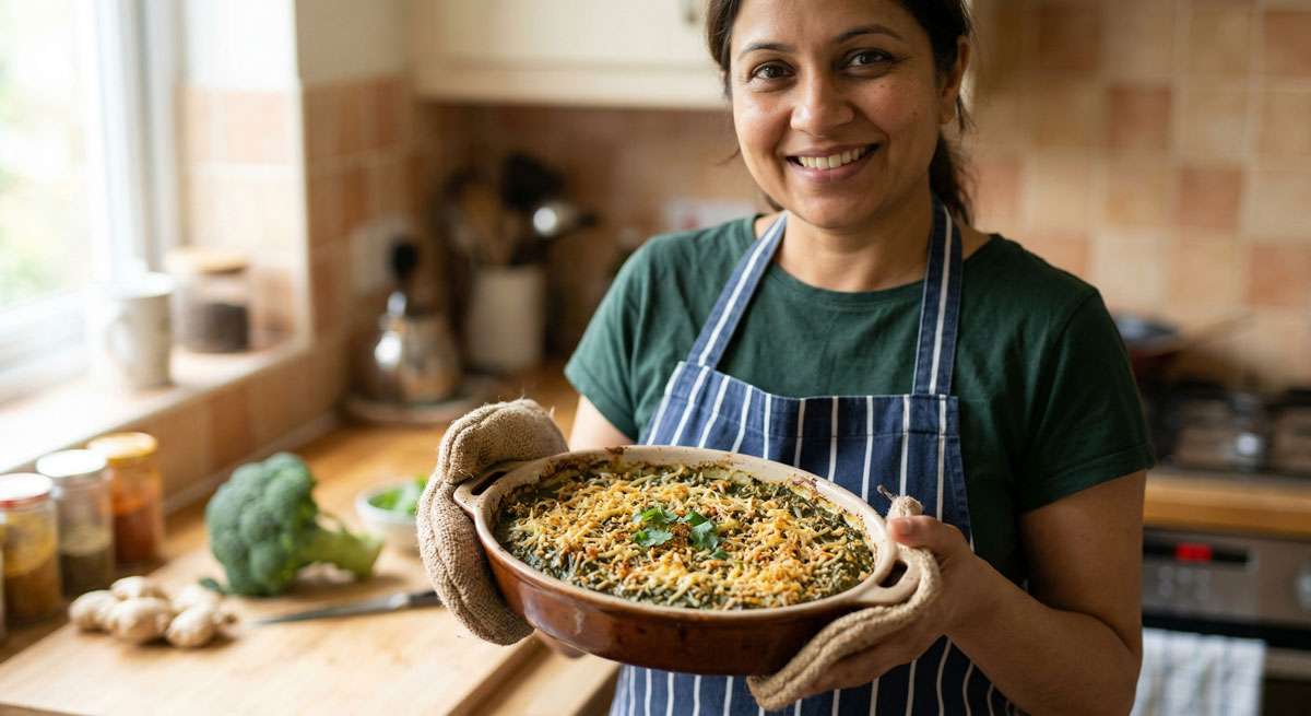 A smiling chef wearing an apron and oven mitts holds a ceramic dish of baked Broccoli and Spinach Sak with a cheesy, breadcrumb topping in a rustic home kitchen.