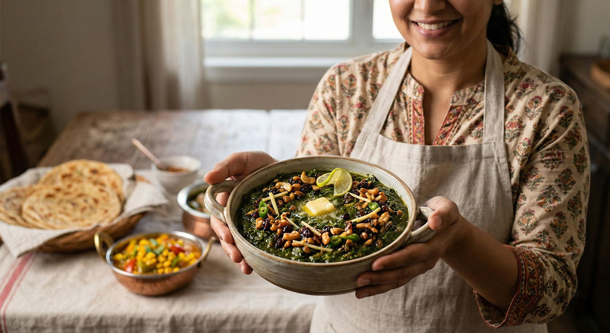 A woman in an apron smiling and holding a ceramic bowl of Buttery Spinach Sak topped with melted butter, fried cashews, and currants.