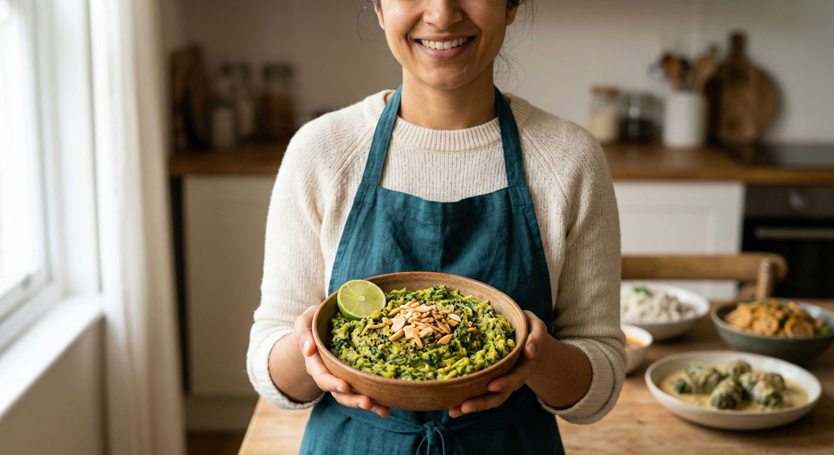 A smiling chef holding a rustic bowl of Kacha Kela Sak (North Indian Greens and Plantain), beautifully garnished with toasted slivered almonds and a fresh lime wedge in a bright kitchen.