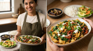 A smiling woman chef, comfortable and proud, holds a large ceramic platter of **Sautéed Spinach and Dal Noodles** with Herbed Tomato Sauce (Tamatar Sak) towards the camera, presenting the rich dish which is garnished with sour cream and fresh basil in a kitchen setting.