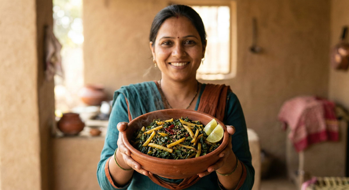 A smiling woman holding a rustic clay bowl filled with traditional Aloo Sak (Indian seasoned spinach and julienne potatoes) garnished with lime wedges.