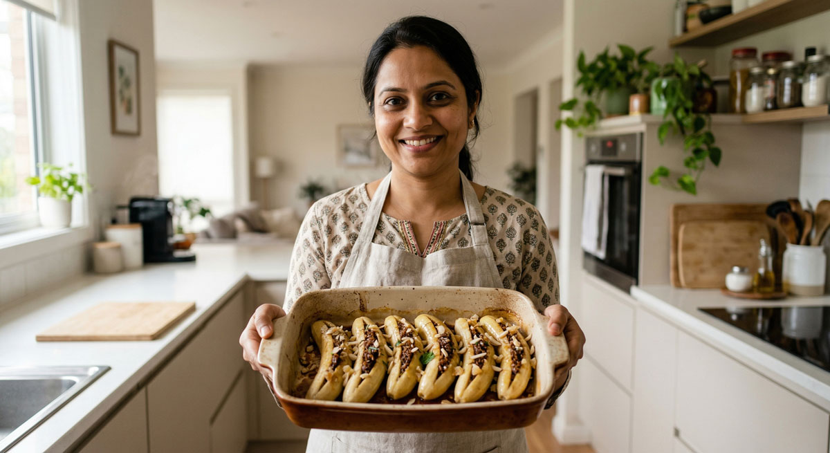 A smiling chef presents a baking dish of Indian Stuffed Baked Bananas (Nariyal Bhara Kela), featuring baked bananas filled with a rich tamarind-coconut stuffing and topped with slivered almonds in a bright kitchen setting.