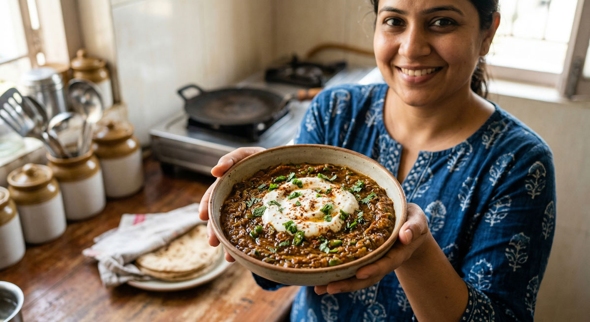 A smiling woman holds a rustic ceramic bowl of smoky Baigan Bharta, a roasted eggplant mash, topped with a distinct swirl of seasoned yogurt and fresh herbs, in a cozy kitchen setting with flatbread in the background.