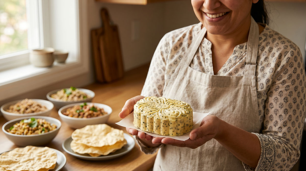 A smiling chef holding a beautifully molded block of homemade Basil-Nutmeg Butter, speckled with fresh coriander and poppy seeds, presented in a kitchen with whole grain pilafs and paparh in the background.