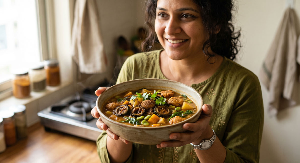 A smiling woman in a warm kitchen holding a large, rustic bowl of traditional Indian Dal Badi Shukta, a bitter melon and lentil dumpling soup with visible pieces of fried ingredients and vegetables.