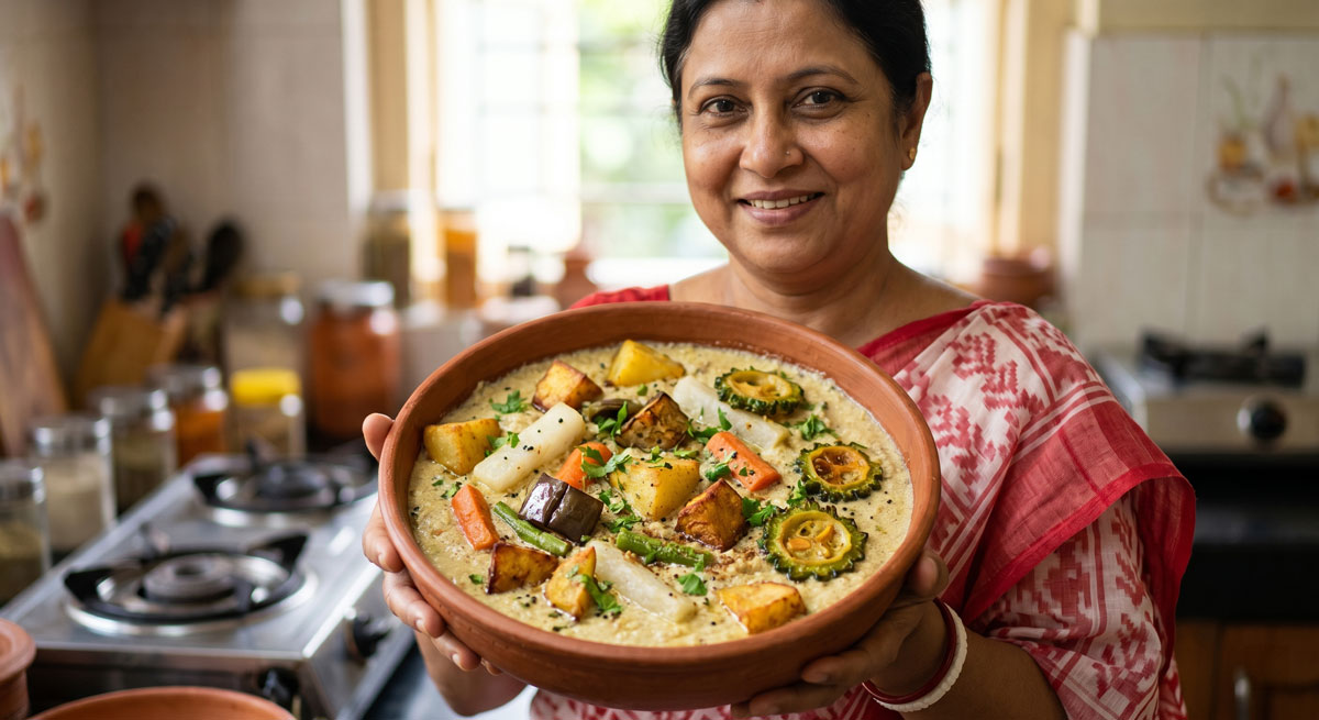 A smiling Bengali woman in a traditional red and white saree holding a large clay pot filled with creamy Bitter Melon Vegetable Stew (Khas Khas Shukta), featuring distinct pieces of fried bitter melon, potatoes, carrots, and eggplant in her home kitchen.