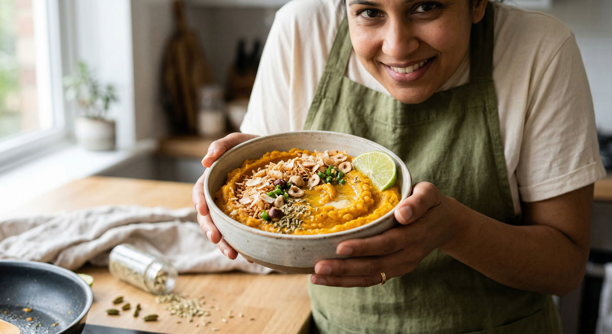A smiling woman in a green apron holds a rustic bowl filled with creamy Butternut Squash Puree garnished with toasted coconut, hazelnuts, and a lime wedge in a home kitchen.