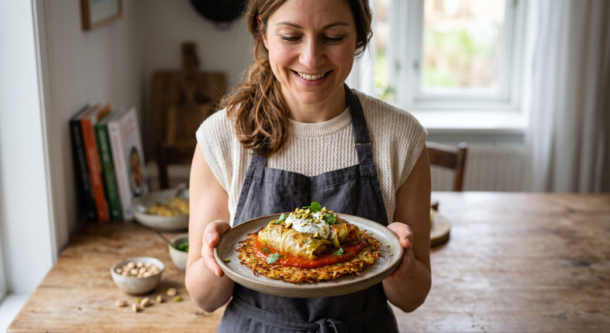 A smiling woman in a grey apron holds a ceramic plate featuring two golden Stuffed Cabbage Rolls with Uppma. The rolls rest on a crispy potato pancake with red bell pepper sauce, yogurt garnish, and chopped pistachios in a rustic kitchen setting.