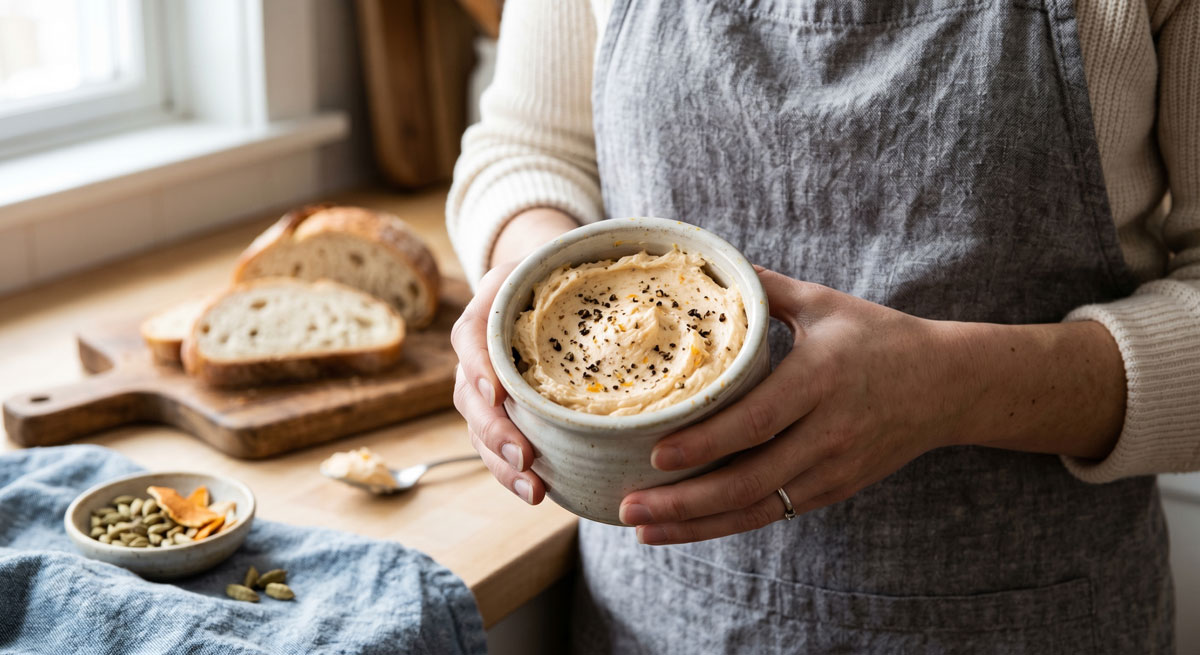 A woman wearing a gray apron holding a rustic ceramic bowl of freshly whipped Cardamom Orange Butter, garnished with crushed spices, with sliced artisan bread in the background.