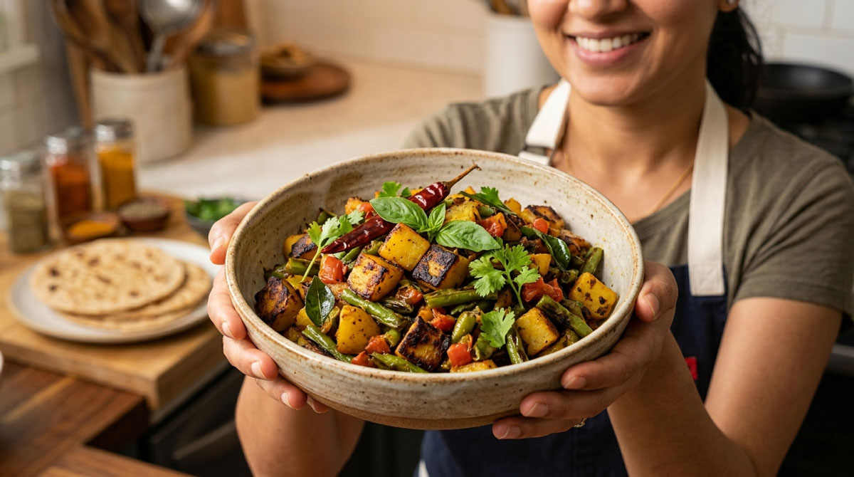 A close-up photograph of a woman wearing a chef's apron holding a ceramic bowl filled with Aloo Barbatti Charchari, a dry curry of char-flavored curried potatoes and green beans with a visibly crispy crust.
