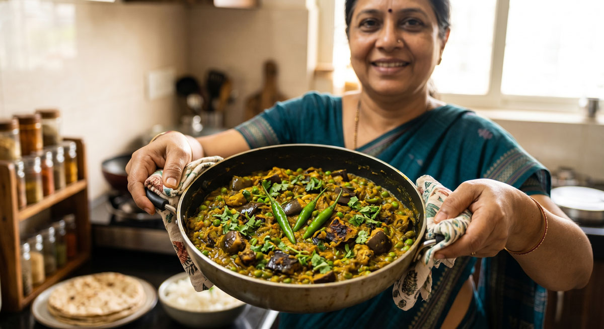 An Indian woman in a green saree smiles as she holds out a pan of char-flavored Baigan Hari Matar Charchari in her home kitchen, with spice racks and rotis visible in the background.